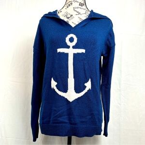 EUC Marled Women’s Hooded Blue Tunic White Anchor Front Detail Sweater. Size M.